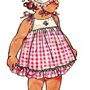 May include: A young girl wearing a pink and white gingham dress with a white ruffled bonnet. The dress has a green trim and the girl is wearing pink shoes.