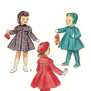 May include: Three children wearing vintage-style coats and hats. The girl on the left is wearing a plaid coat with a black collar and a red purse. The girl in the center is wearing a red coat with a black collar. The girl on the right is wearing a teal coat with a white collar and a white hat. The girl on the right is holding a stuffed animal.