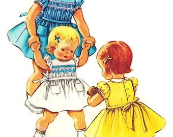 McCall's 2373 Photocopy of Vintage 50s Adorable Toddler Girls Smocked Dress - Ruffled Armholes   Embroidery Transfer - Sewing Pattern Size 1