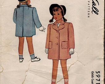 McCall 5971 Photocopy of Adorable Toddler Girl Vintage 1945 Coat with Notched Collar Back Pleat Vintage Sewing Pattern  Size 2