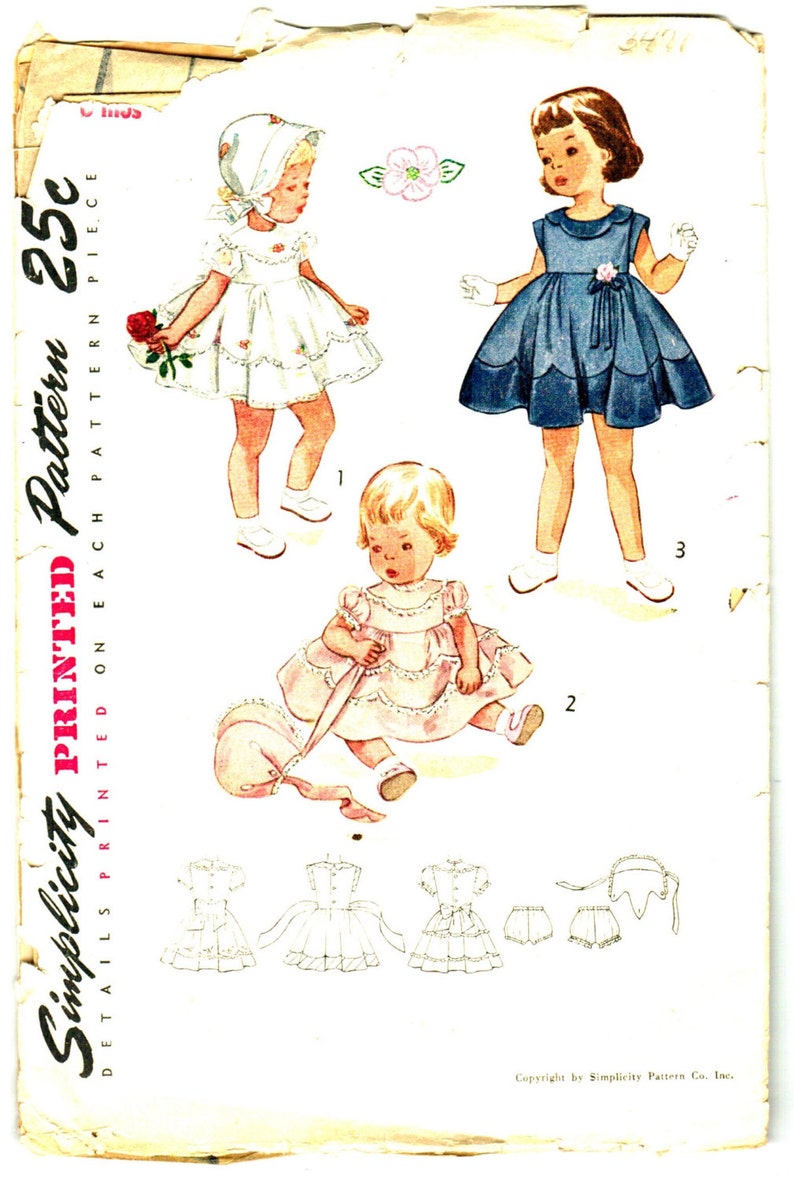 Simplicity 3471 Photocopy of Vintage 50s Super Cute Baby Girls Dress and Bonnet and Panties Scalloped Hem Sewing Pattern Size 1/2 6 mos image 2