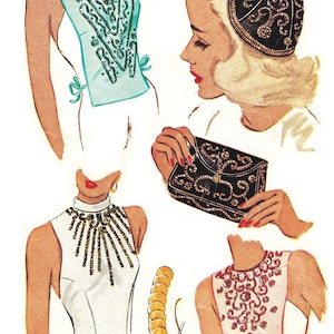 May include: Four sleeveless tops with different beaded embellishments. The tops are white, light blue, and pink. There is also a black beaded purse and a black beaded hat.