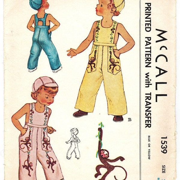 McCall 1539 Photocopy of Vintage 40s Super Cute Toddler Boy or Girl Overalls and Cap Hat with Monkey Embroidery Transfer  Size 2