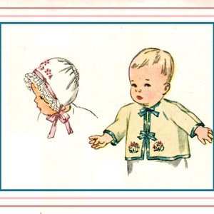 May include: A vintage illustration of a baby wearing a white knitted jacket with blue trim and pink bow. The baby is also wearing a white bonnet with pink trim and lace. The illustration is in a simple style with a white background.