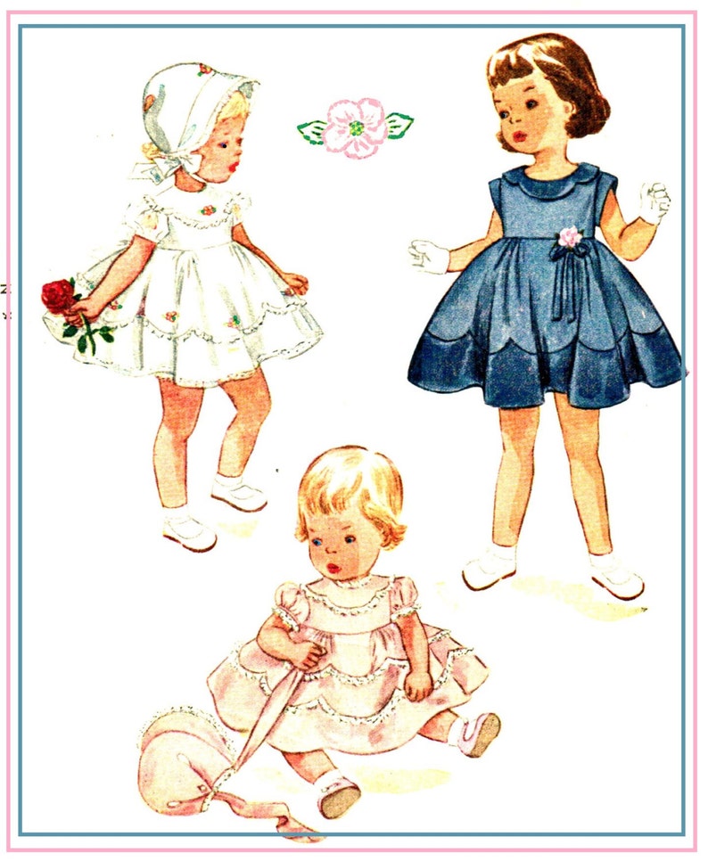 Simplicity 3471 Photocopy of Vintage 50s Super Cute Baby Girls Dress and Bonnet and Panties Scalloped Hem Sewing Pattern Size 1/2 6 mos image 1