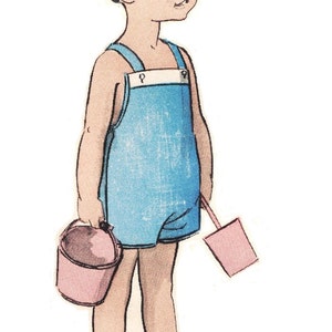 May include: A young child wearing a blue and white striped swimsuit and a blue hat holds a pink bucket and shovel.