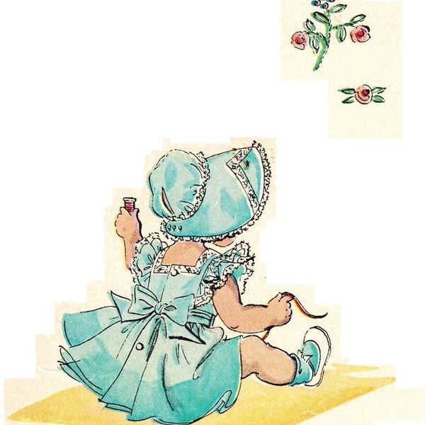 McCall's 1850 Photocopy of Vintage 1950s Toddler Girls Pinafore Dress, Button Skirt, Arm Ruffles, Chevron Neckline - Sewing Pattern Size 1