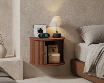 Wooden Floating Nightstand, Wall Mounted Bedside Table, Sliding Door Storage, Modern Bedroom Shelf