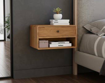 Floating Nightstand Wooden Bedside Table Wall Mounted Shelf Bedroom Decor Home Organization Modern Furniture Natural