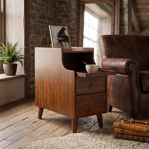 May include: A wooden side table with two drawers featuring circular metal pulls, a pull-out shelf holding a white ceramic mug, and an open top compartment. A small framed picture of a piano sits on the top surface of the brown furniture piece.