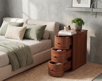 Slim Walnut Nightstand, 3-Drawer Bedside Table, Vintage Wood Storage