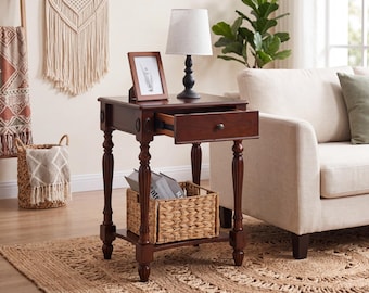 Solid Rubber Wood Side Table with Drawer & Shelf, Traditional Nightstand, Cherry-Brown Finish