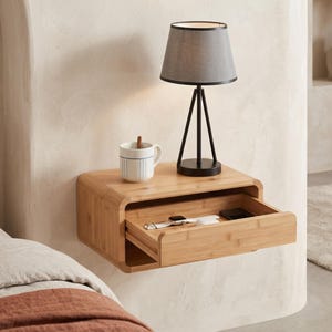 Floating Nightstand, Natural Wall Mounted Bedside Table with Drawer & Open Shelf