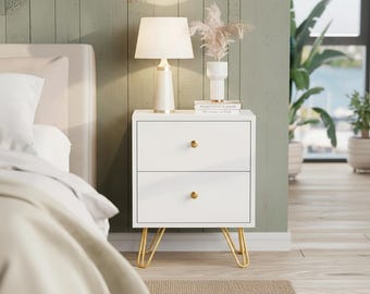 Nightstand Set of 2, Modern Bedside Table with 2 Drawers and Metal legs, Wooden Side Table, Mid Century Nightstand, Bedroom Decor Furniture