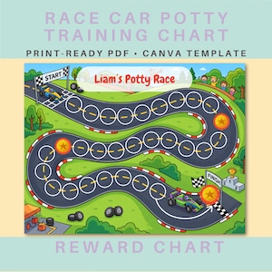 May include: A race car themed potty training reward chart featuring a winding track with circular spaces, a start and finish line, and the text Liam's Potty Race. The colorful illustration includes green hills, trees, and racing cars.