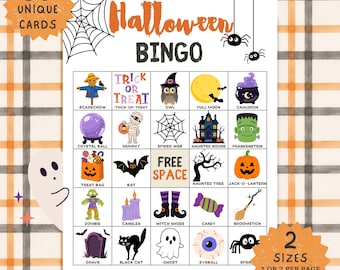 Könnte beinhalten: Eine Halloween-Bingo-Spielkarte mit 25 Feldern, die Illustrationen von einer Vogelscheuche, Eule, Kessel, Mumie, Spinnennetz, Spukhaus, Frankenstein, Süßigkeitentüte, Fledermaus, Baum, Kürbislaterne, Zombie, Kerzen, Hexenschuhen, Bonbon, Besen, Grab, Katze, Geist, Augapfel und Spinne zeigen.