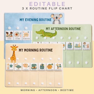 May include: Three editable routine flip charts labeled My Morning Routine, My Afternoon Routine, and My Evening Routine. Each chart features animal illustrations including a giraffe, crocodile, and koala, with small square cards depicting daily tasks.