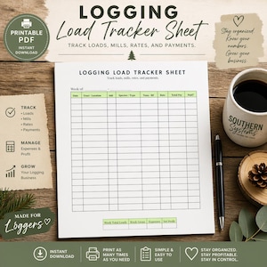 May include: A printable PDF logging load tracker sheet with a grid layout for tracking loads, mills, rates, and payments. The sheet includes the text "Logging Load Tracker Sheet" and "Track loads, mills, rates, and payments."