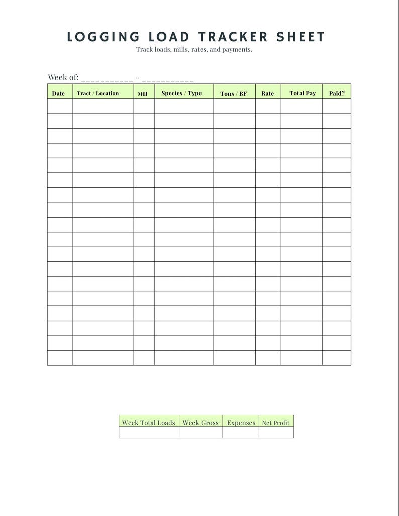 Local Load Sheet Logging Load Tracker Sheet | Timber Hauling Income Planner (digital ...