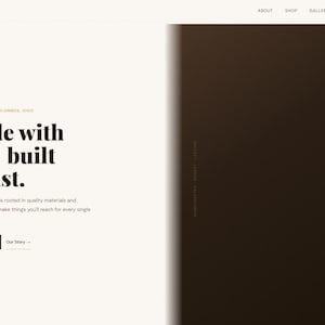 May include: Website homepage for Maple & Grain, featuring the text "Made with care, built to last." The site has a neutral color palette with a light background and a dark brown vertical panel. The site includes navigation links and a call to action.