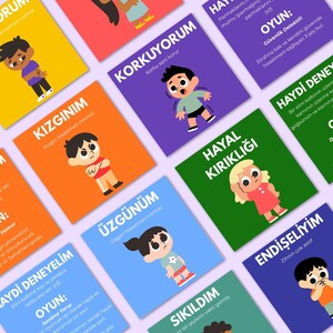 May include: A set of colourful cards featuring cartoon children depicting various emotions. Each card has a different coloured background and Turkish text, including phrases like "I'm Sad" and "I'm Bored."