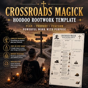Puede incluir: Una plantilla digital para el trabajo de raíz Hoodoo, titulada "Crossroads Magick". La imagen incluye una hoja de trabajo, una guía paso a paso e información sobre la tradición Hoodoo. El fondo muestra a una persona leyendo a la luz de las velas.