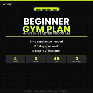 May include: A digital graphic for a beginner gym plan. The text reads "Beginner Gym Plan" and "4-Week Starter Program" in white and yellow. It includes details like "No experience needed" and "3 days per week."