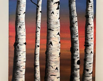 5 Birch Trees in the Eve Blue and Red background, hand-painted.
