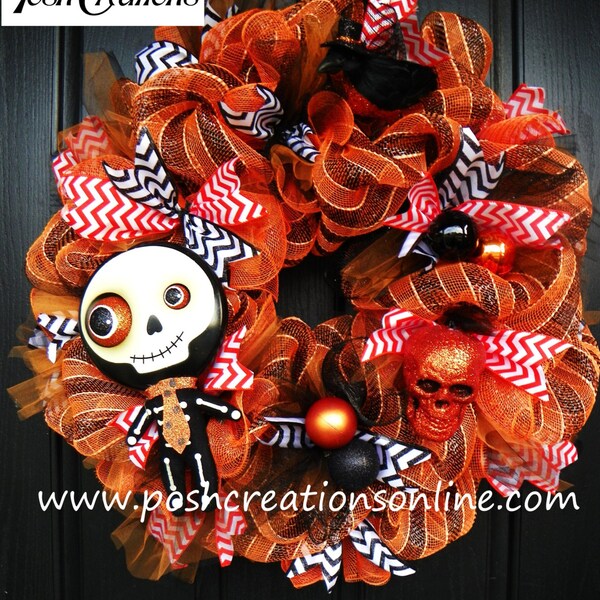 Halloween Wreath, Deco Mesh Wreath, Halloween Mesh Wreath, Fall Wreath, Skeleton Wreath, Orange & Black Wreath, Halloween, Halloween decor