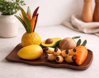 Frutero artesanal de madera natural, centro de mesa rústico para la cocina, plato minimalista para servir.