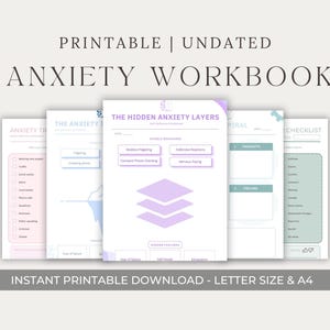 May include: Printable, undated anxiety workbook with multiple pages. The pages feature titles like "The Hidden Anxiety Layers" and "Anxiety Triggers." The design incorporates pastel colors and geometric shapes. Text includes "Instant Printable Download - Letter Size & A4."
