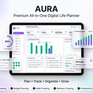 Könnte beinhalten: Ein digitales Tablet mit der Benutzeroberfläche des AURA Premium All-in-One Digital Life Planner. Der Bildschirm zeigt verschiedene Widgets, darunter einen 50%-Fortschrittskreis, Finanzanalysediagramme, einen Gewohnheitstracker und einen Tagesplan.