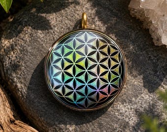 Flower of Life - Holographic Orgonite Pendant • 22 Crystal Matrix • EMF Protection • Hand Made • Free Cotton Necklace