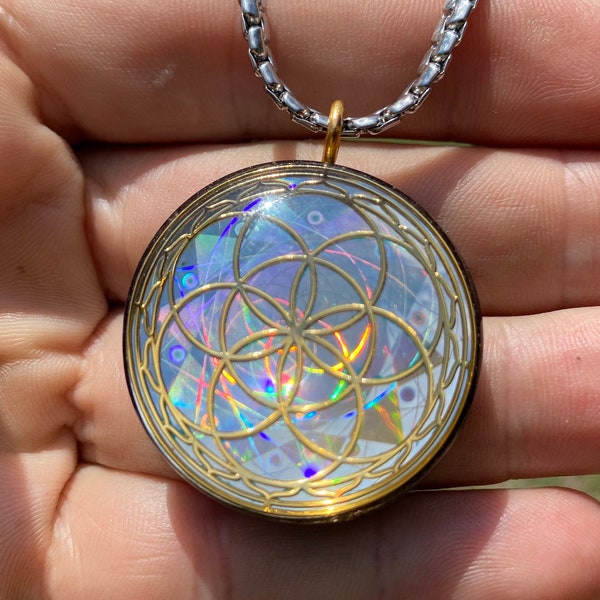 Seed of Life - Sacred Geometry Holographic Orgone Vortex Tesla Orgonite Pendant- EMF Blocker - Chakra Balancing - FREE Necklace - Hand Made