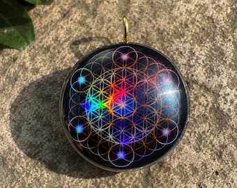 Flower of Life - Holographic Orgonite Pendant • 22 Crystal Matrix • EMF Protection • Hand Made • Free Cotton Necklace