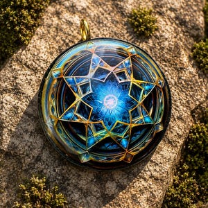 May include: A circular pendant featuring a multi-layered geometric star design in shades of deep blue, gold, and black. The centre displays a bright blue glowing starburst pattern with intricate metallic gold lines radiating outwards.