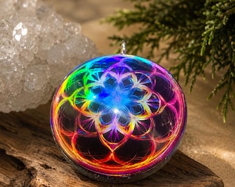 Cosmic Bloom - Holographic Orgonite Pendant • 22 Crystal Matrix • EMF Protection • Hand Made • Free Cotton Necklace