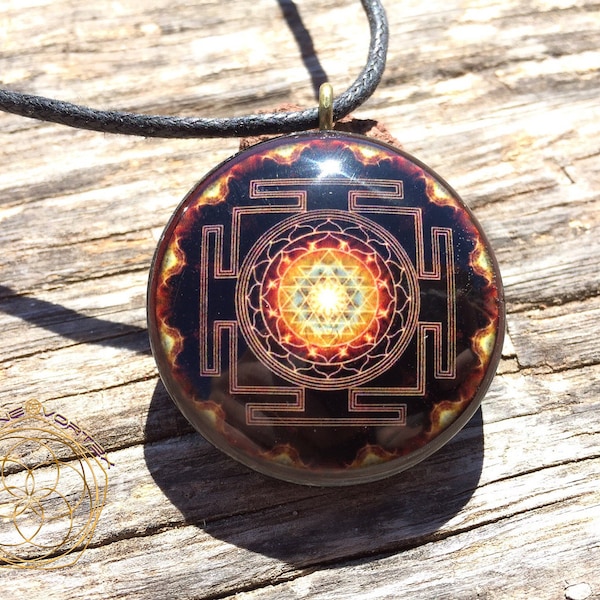 Golden Fire Sri Yantra Mandala Orgone Vortex Tesla Orgonite Pendant- EMF Blocker - Chakra Balancing - FREE Necklace - Hand Made