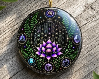Sacred Lotus Holographic Orgonite Pendant • 22 Crystal Matrix • EMF Protection • Hand Made • Free Cotton Necklace