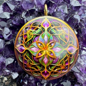 May include: A round, gold-toned pendant with a colorful, intricate design. The design features a central flower with swirling, leafy patterns in shades of green, purple, pink, and yellow.