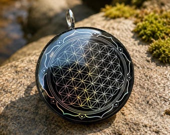 Flower of Life Lotus - Holographic Orgonite Pendant • 22 Crystal Matrix • EMF Protection • Hand Made • Free Cotton Necklace