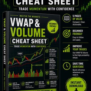 Pode incluir: Gráfico preto e verde com o texto "VWAP & VOLUME CHEAT SHEET" e "Trade Momentum with Confidence". A imagem inclui gráficos, ícones e as palavras "Beginner Friendly" e "Instant Download".