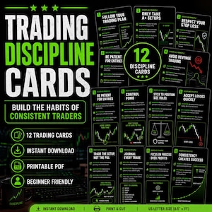 Op de afbeelding: Een set van 12 zwarte trading discipline kaarten met felgroene tekst en afbeeldingen. Elke kaart beschrijft een specifiek principe voor consistent handelen, inclusief grafieken, iconen en instructies. Tekst bevat US Letter formaat 8,5" x 11".