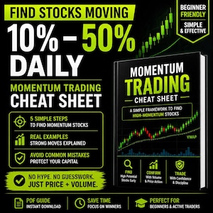 Może przedstawiać: Czarno-zielona grafika promująca "Momentum Trading Cheat Sheet". Tekst zawiera "Find Stocks Moving 10%-50% Daily" i "5 Simple Steps to Find Momentum Stocks". Okładka książki brzmi "Momentum Trading Cheat Sheet."