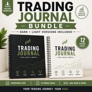 May include: A bundle of two trading journals, one black and one white, with spiral binding. The journals feature the text "TRADING JOURNAL" and icons for planning, tracking, analyzing, and improving. The journals include dark and light versions.