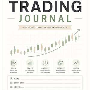 以下が含まれることがあります： 薄いベージュ色の背景のトレーディングジャーナル。タイトル「TRADING JOURNAL」は、大きく太字の黒と緑の文字で書かれています。ジャーナルには、計画、追跡、分析、改善、成長のためのセクションがあり、個人の詳細と目標のためのスペースがあります。