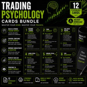 Puede incluir: Un paquete de tarjetas de psicología del trading en negro y verde con el texto "Trading Psychology Cards Bundle". Las tarjetas ofrecen orientación sobre la mentalidad comercial, las emociones, la consistencia y la gestión de riesgos. Incluye una descarga en PDF.