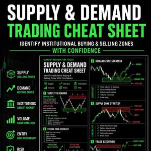 Puede incluir: Un gráfico educativo negro titulado Supply & Demand Trading Cheat Sheet con texto y gráficos en verde. Incluye secciones sobre oferta y demanda, estrategias de zona y ejecución de operaciones con gráficos de velas japonesas.