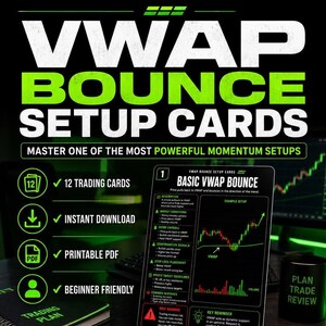 Pode incluir: Um conjunto de 12 cartões de trading intitulados VWAP BOUNCE SETUP CARDS, com um design em preto e verde néon. Os cartões incluem um PDF imprimível, download instantâneo e instruções para iniciantes sobre configurações de trading.