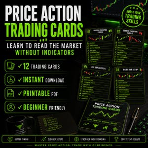 Peut inclure: Un ensemble de cartes de trading Price Action avec des fonds noirs et du texte et des graphiques vert néon. Les cartes affichent des modèles de marché comme Bullish Engulfing, Bearish Engulfing, Pin Bar Reversal et Inside Bar Setup, avec un mug noir.